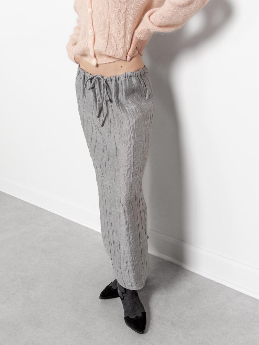 CRINKLE LINEN MAXI Skirt Vintage Low Rise Light / Small Medium - Picture 6 of 10